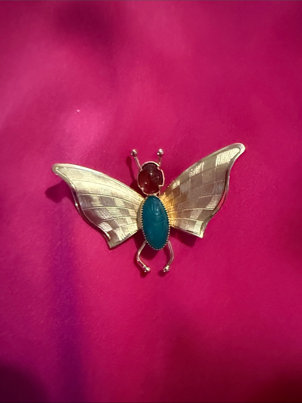 Vintage Butterfly Pin Brooch with Turquoise and Red Cabochons
